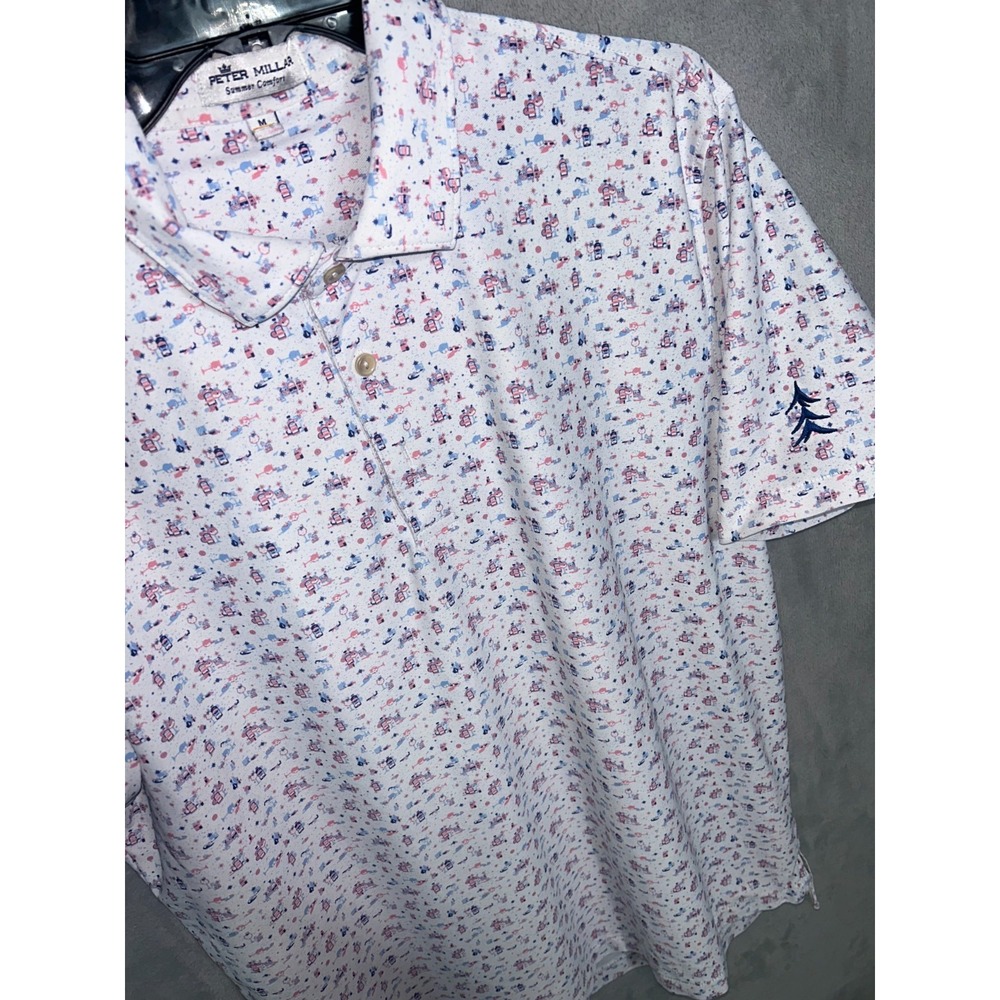 Peter Millar Polo Shirt Mens M white Summer Comfort Wine Glass Print AOP Golf
